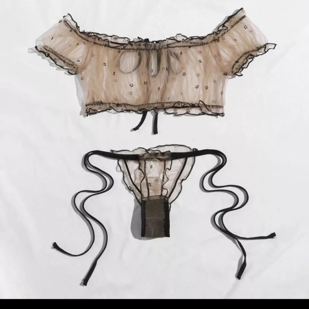 Transparent Nylon Crop Top Bra Bralette Set Bottom Side Ties NEW! - Picture 2 of 3